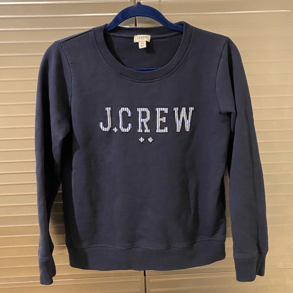 Navy J. Crew sweater pullover with fabric etched letters